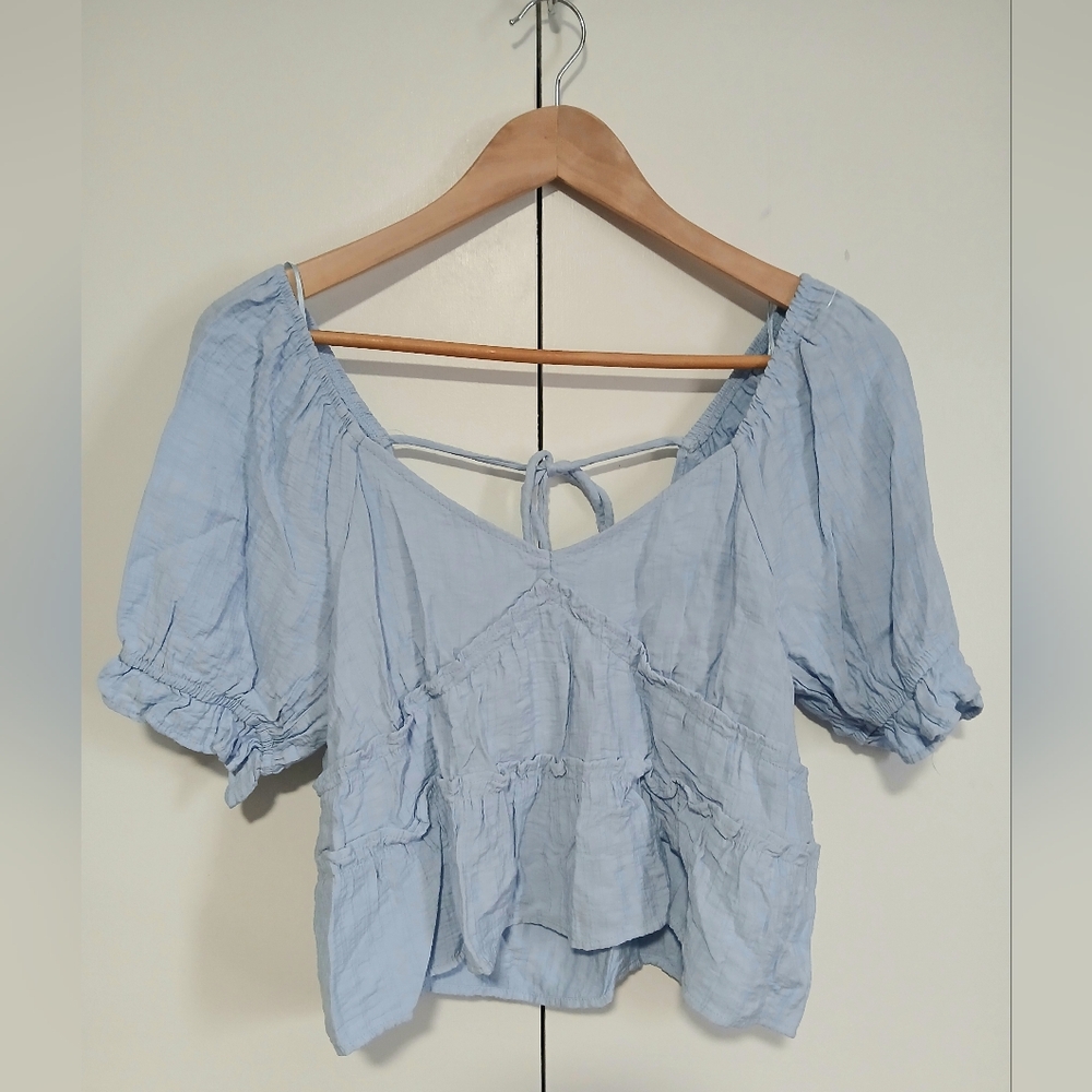 Urban Romantics Blue Babydoll Blouse Large NWOT Puff Sleeve Tie Back